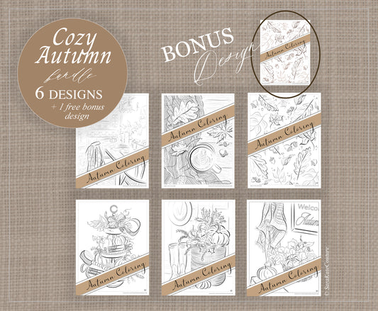 Cozy Autumn Fine Art Coloring Bundle, Digital Download